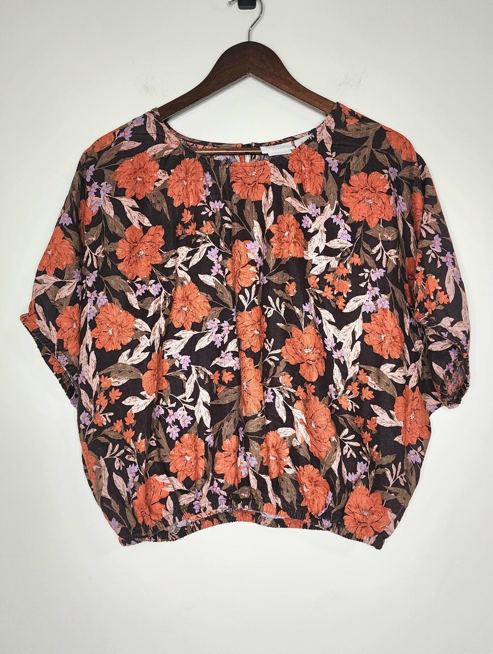 Haute Hippie 100% Linen Boho Rust Floral Oversized Relaxed Cropped Top XL Casual